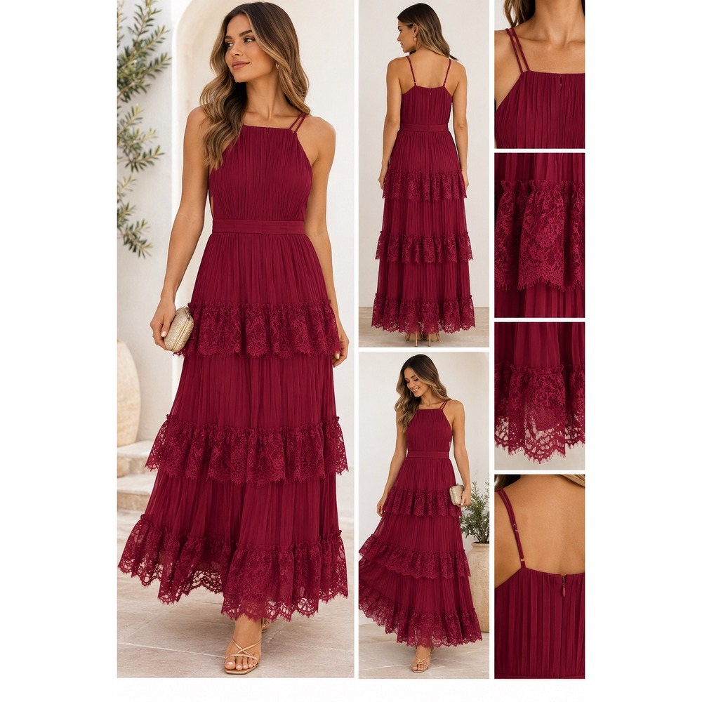 Lulus Came For Cocktails XL Wine Red Lace Tiered Pleated Maxi Dress NWT HOCO